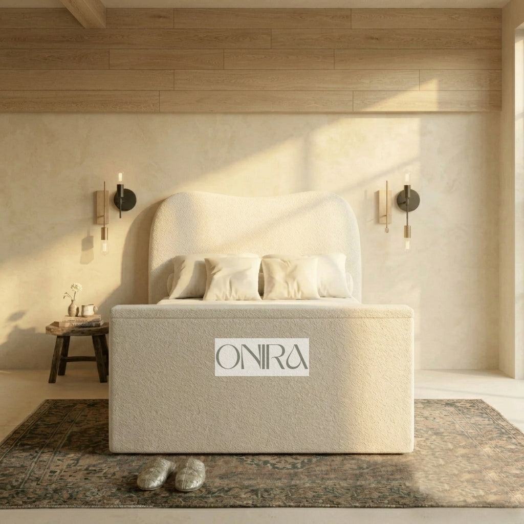 The Serene Curve Bouclé TV Bed With Optional Ottoman Gas Lift Storage