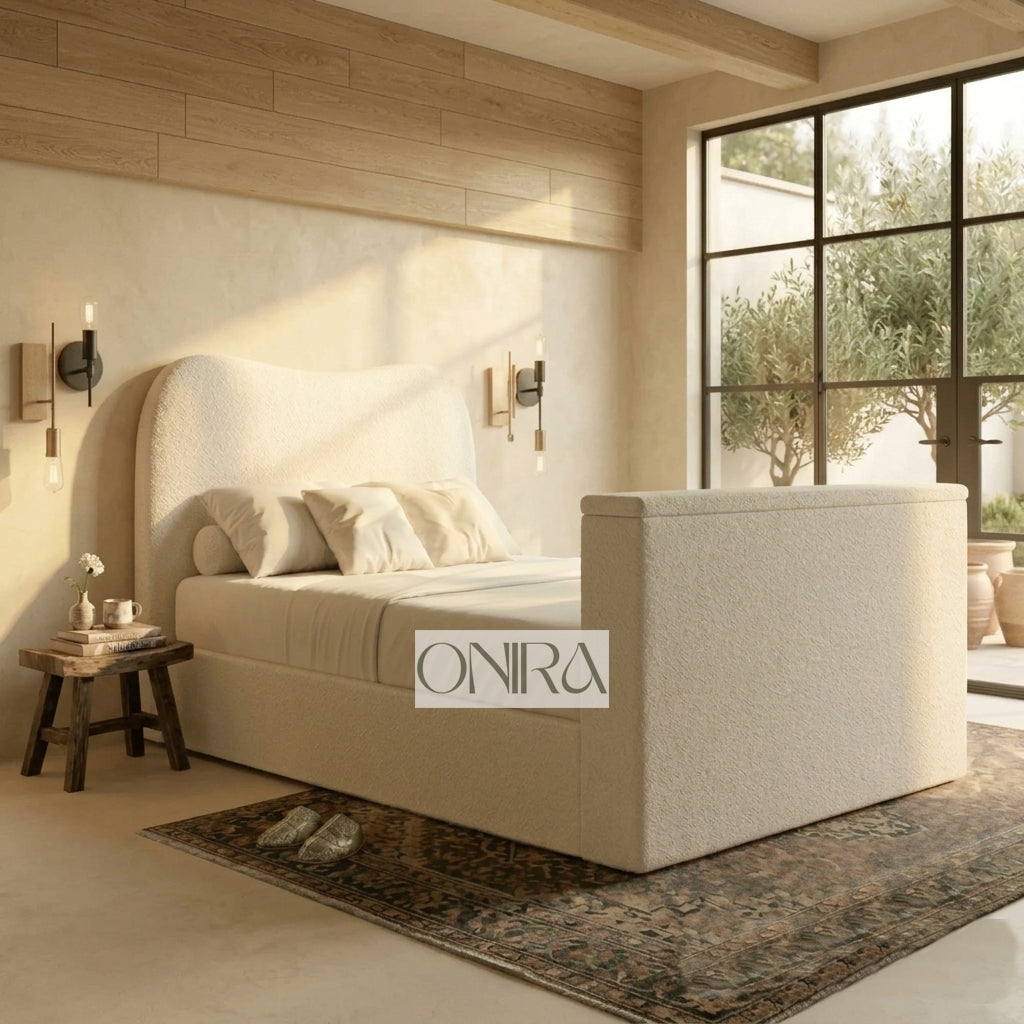 The Serene Curve Bouclé TV Bed With Optional Ottoman Gas Lift Storage
