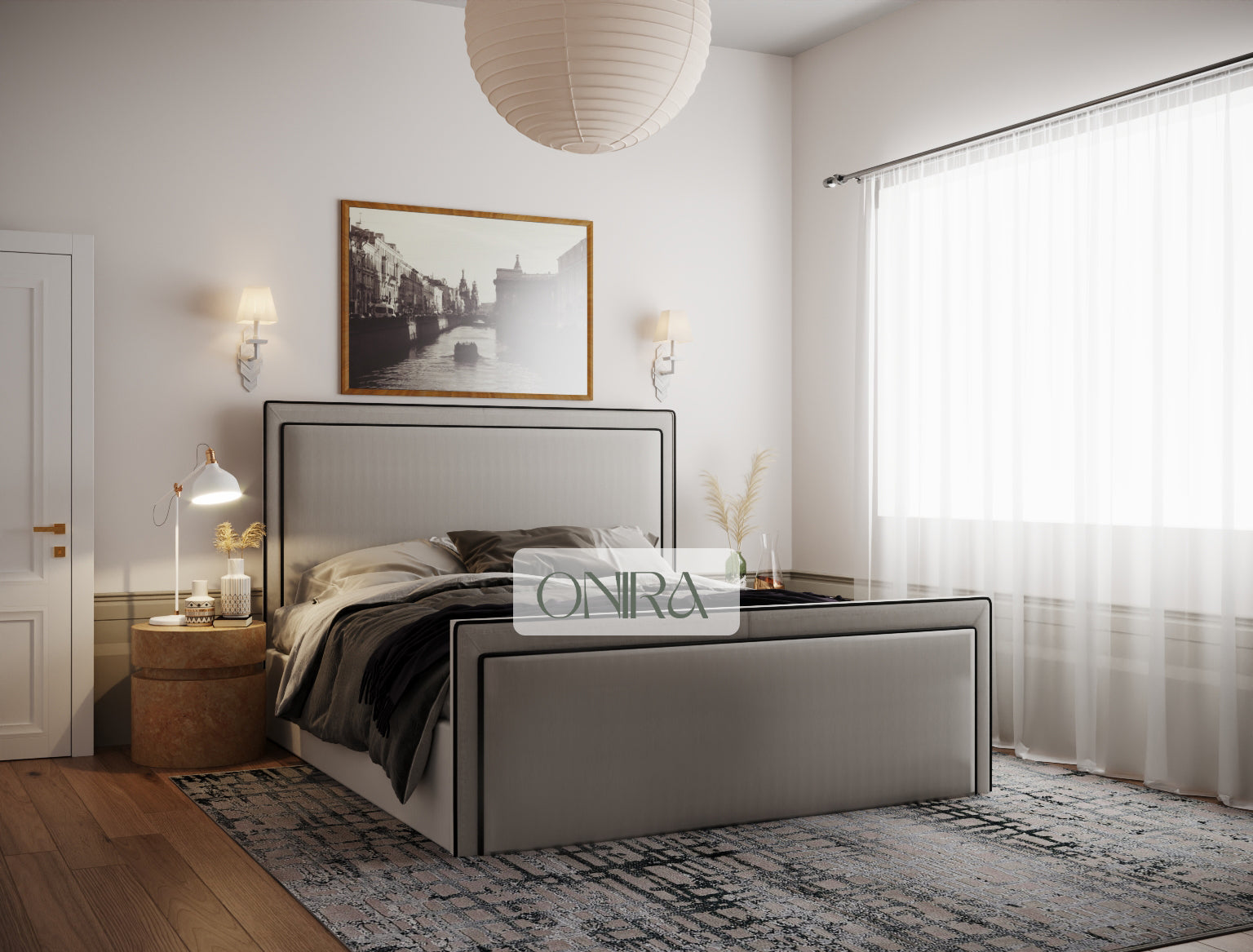 Ibiza Linear Upholstered Bed with Black Lining