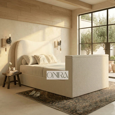 The Serene Curve Bouclé TV Bed With Optional Ottoman Gas Lift Storage
