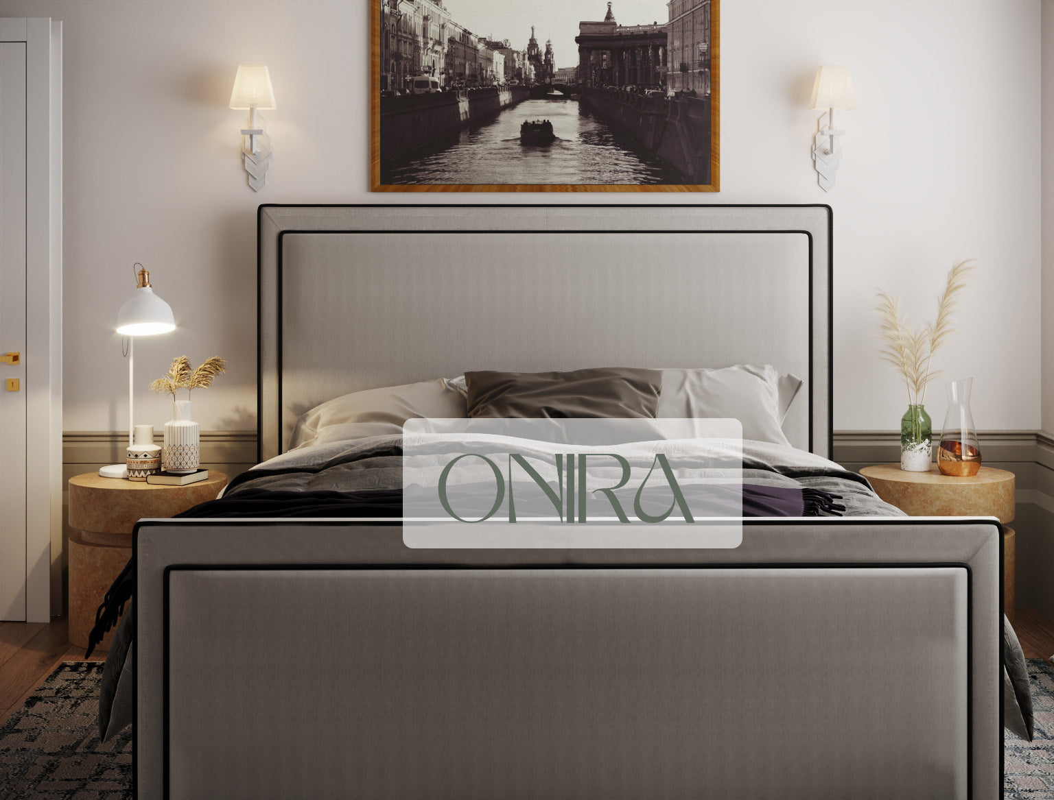Ibiza Linear Upholstered Bed with Black Lining
